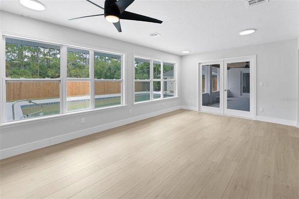Empty room, Interior, Recessed Lighting, Wood Texture Flooring