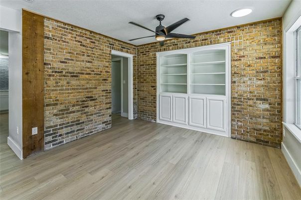 Empty room, Interior, Recessed Lighting, Stone Walls, Wood Texture Flooring