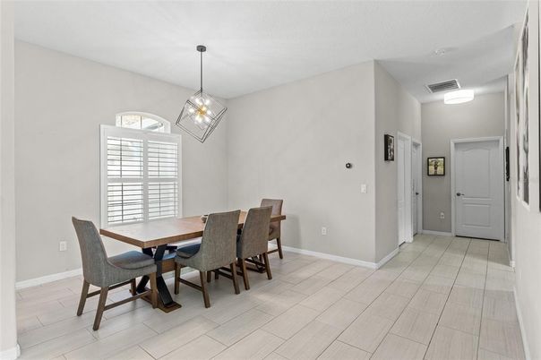Dining room, Interior, Pendant Lights, Wood Texture Flooring