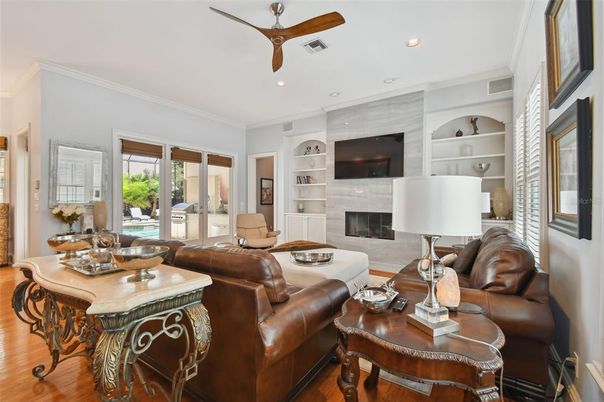 Fireplace, Interior, Living room, Recessed Lighting, Wood Texture Flooring