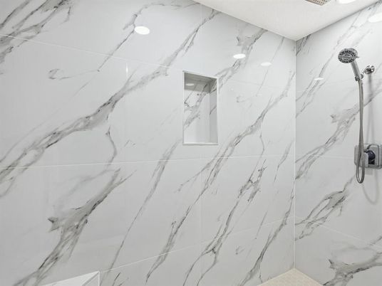 Bathroom, Glass Shower, Interior, Marble Walls, Recessed Lighting