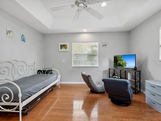 Bedroom, Interior, Recessed Lighting, Wood Texture Flooring