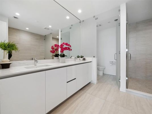 Bathroom, Dual Sink Vanities, Glass Shower, Interior, Recessed Lighting