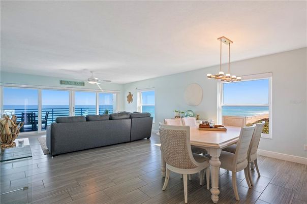 Dining room, Interior, Living room, Pendant Lights, Water, Wood Texture Flooring