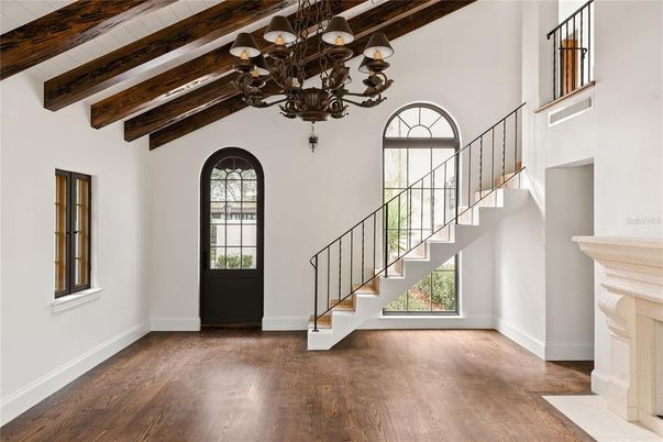 Chandelier, Interior, Wooden Beams, Wood Texture Flooring