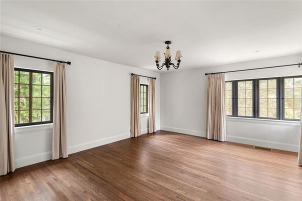 Chandelier, Empty room, Interior, Recessed Lighting, Wood Texture Flooring