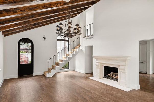 Chandelier, Fireplace, Interior, Pendant Lights, Wooden Beams, Wood Texture Flooring