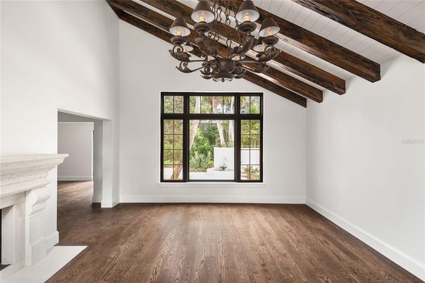 Chandelier, Empty room, Fireplace, Interior, Wooden Beams, Wood Texture Flooring