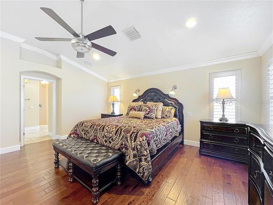 Bedroom, Interior, Recessed Lighting, Wood Texture Flooring