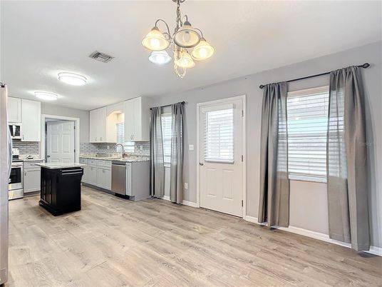 Interior, Kitchen, Pendant Lights, Stainless Steel Appliances, Wood Texture Flooring