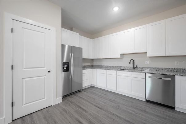 Interior, Kitchen, Recessed Lighting, Stainless Steel Appliances, Wood Texture Flooring