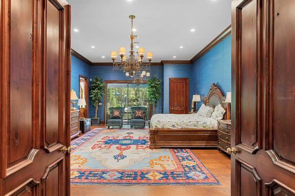 Bedroom, Chandelier, Interior, Recessed Lighting, Wood Texture Flooring