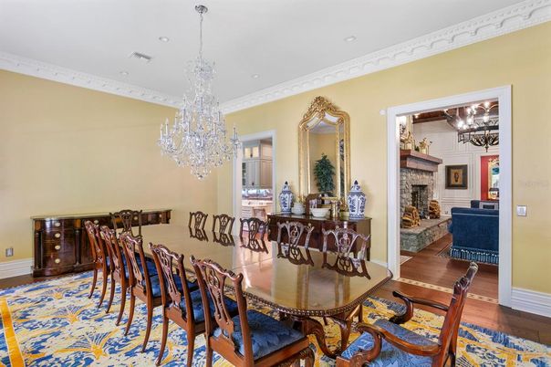 Chandelier, Dining room, Fireplace, Interior, Recessed Lighting, Wood Texture Flooring