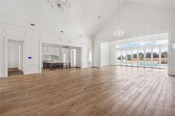 Chandelier, Empty room, Interior, Pendant Lights, Wood Texture Flooring