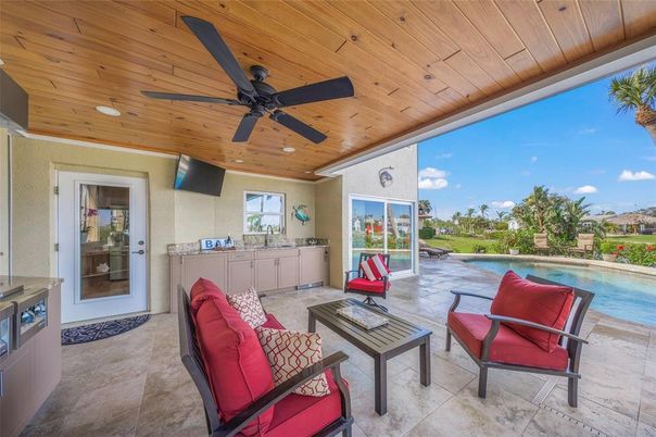 Exterior, Pool, Recessed Lighting, Wooden Ceilings