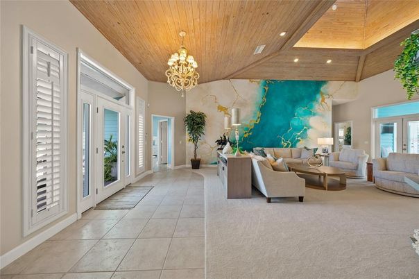 Chandelier, Interior, Living room, Recessed Lighting, Wooden Ceilings