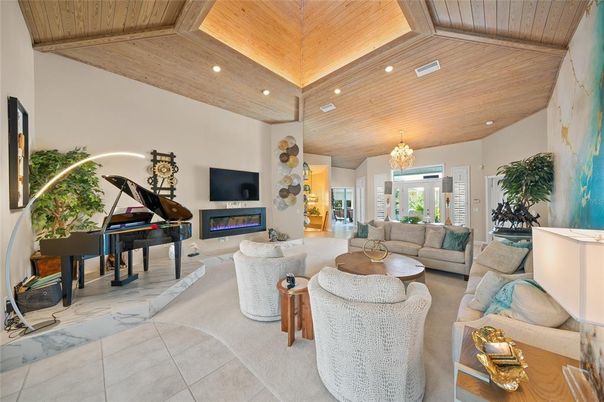 Interior, Living room, Marble, Piano, Recessed Lighting, Wooden Ceilings