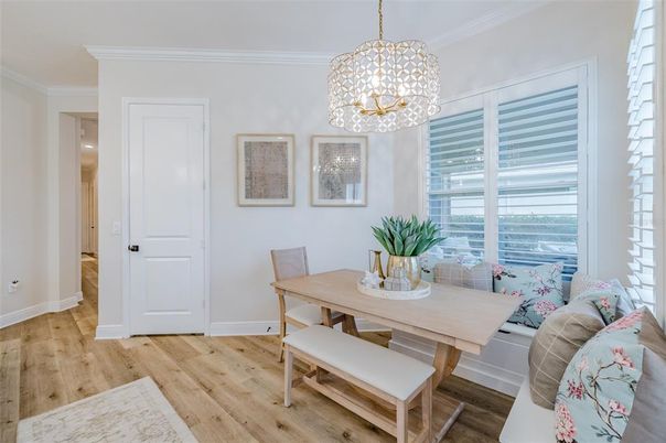 Dining room, Interior, Pendant Lights, Wood Texture Flooring