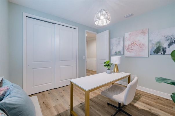 Home Office, Interior, Pendant Lights, Wood Texture Flooring
