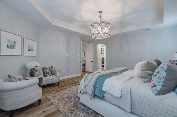 Bedroom, Chandelier, Interior, Pendant Lights, Wood Texture Flooring