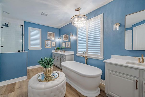Bathroom, Chandelier, Free Standing Baths, Interior, Wood Texture Flooring