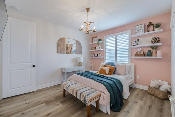 Bedroom, Chandelier, Interior, Wood Texture Flooring