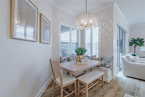 Dining room, Interior, Living room, Pendant Lights, Wood Texture Flooring