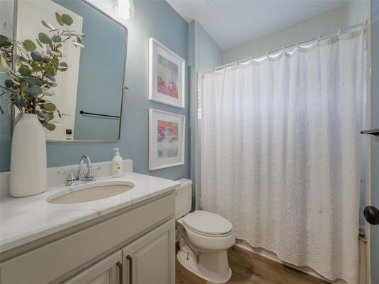 Bathroom, Interior, Tile Countertops, Wood Texture Flooring
