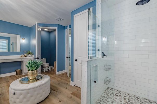 Bathroom, Glass Shower, Interior, Wood Texture Flooring