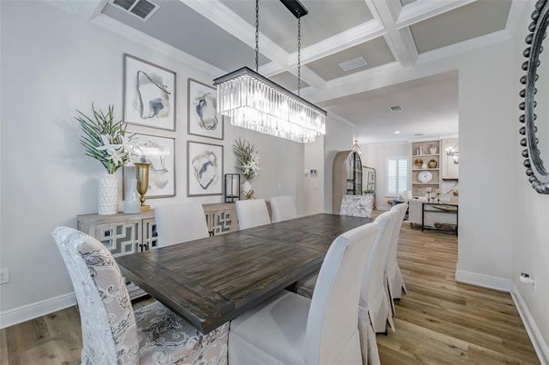 Chandelier, Dining room, Interior, Recessed Lighting, Wood Texture Flooring
