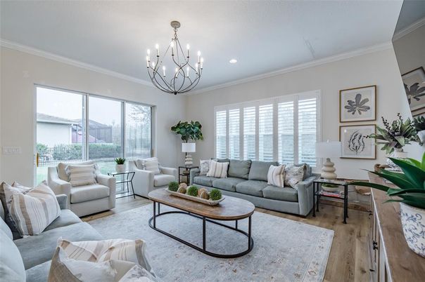 Chandelier, Interior, Living room, Recessed Lighting, Wood Texture Flooring