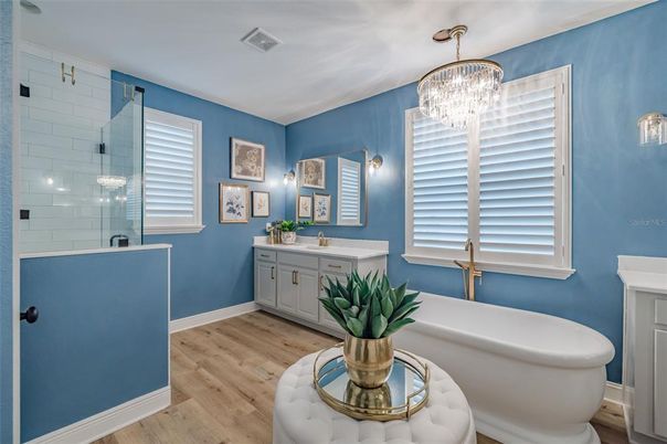 Bathroom, Chandelier, Free Standing Baths, Interior, Wood Texture Flooring