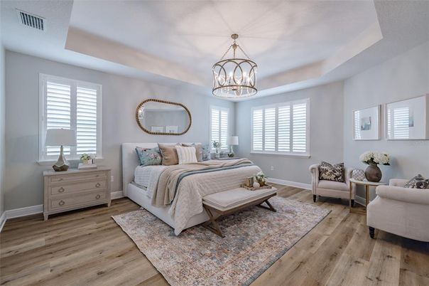 Bedroom, Chandelier, Interior, Pendant Lights, Wood Texture Flooring