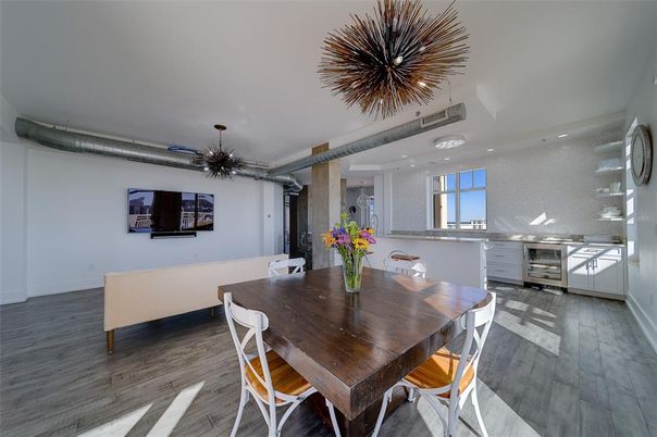 Dining room, Interior, Pendant Lights, Recessed Lighting, Wood Texture Flooring