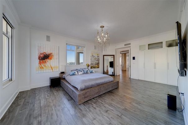 Bedroom, Chandelier, Interior, Wood Texture Flooring