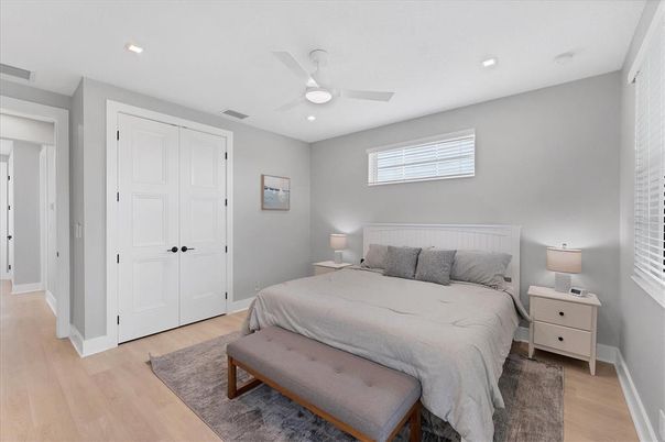 Bedroom, Interior, Recessed Lighting, Wood Texture Flooring
