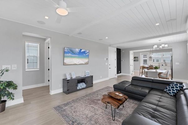 Chandelier, Dining room, Interior, Living room, Pendant Lights, Recessed Lighting, Wood Texture Flooring
