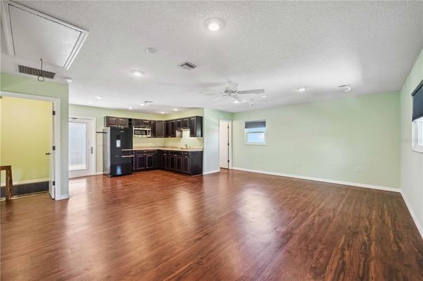 Empty room, Interior, Kitchen, Recessed Lighting, Wood Texture Flooring