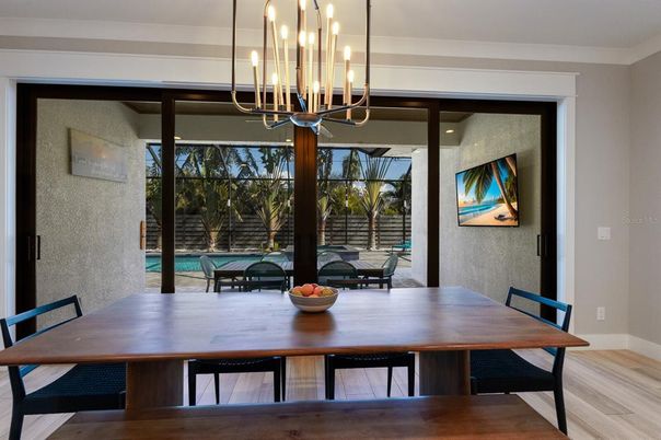 Chandelier, Dining room, Interior, Pendant Lights, Wood Texture Flooring