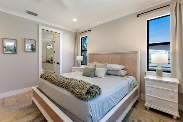 Bedroom, Interior, Recessed Lighting, Wood Texture Flooring