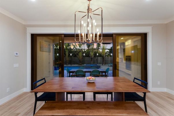Dining room, Interior, Pendant Lights, Wood Texture Flooring