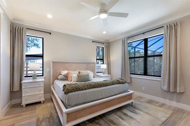 Bedroom, Interior, Recessed Lighting, Wood Texture Flooring