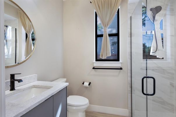 Bathroom, Glass Shower, Interior, Wood Texture Flooring