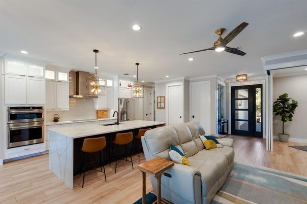 Interior, Kitchen, Pendant Lights, Recessed Lighting, Stainless Steel Appliances, Wood Texture Flooring