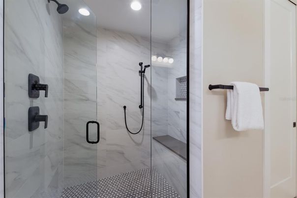 Bathroom, Glass Shower, Interior, Marble Walls, Recessed Lighting