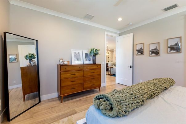 Bedroom, Interior, Recessed Lighting, Wood Texture Flooring