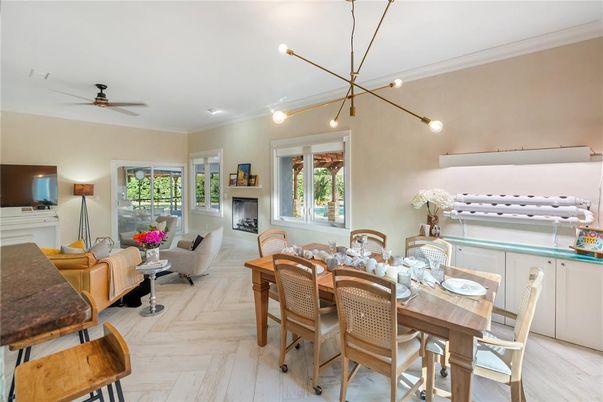 Dining room, Fireplace, Interior, Living room, Pendant Lights, Wood Texture Flooring