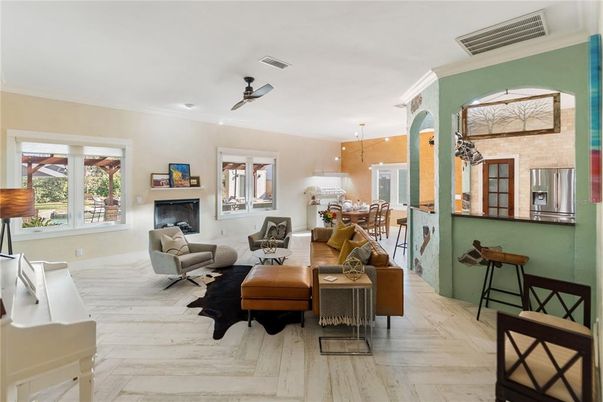 Dining room, Fireplace, Interior, Kitchen, Living room, Pendant Lights, Recessed Lighting, Wood Texture Flooring