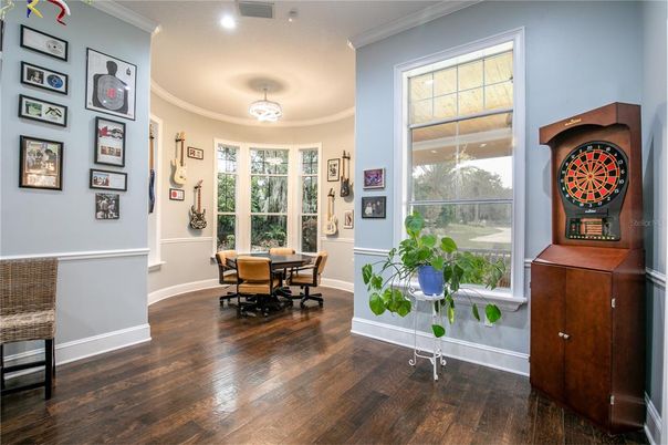 Dining room, Interior, Recessed Lighting, Wood Texture Flooring