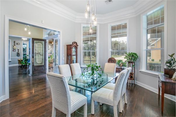 Dining room, Interior, Pendant Lights, Wood Texture Flooring